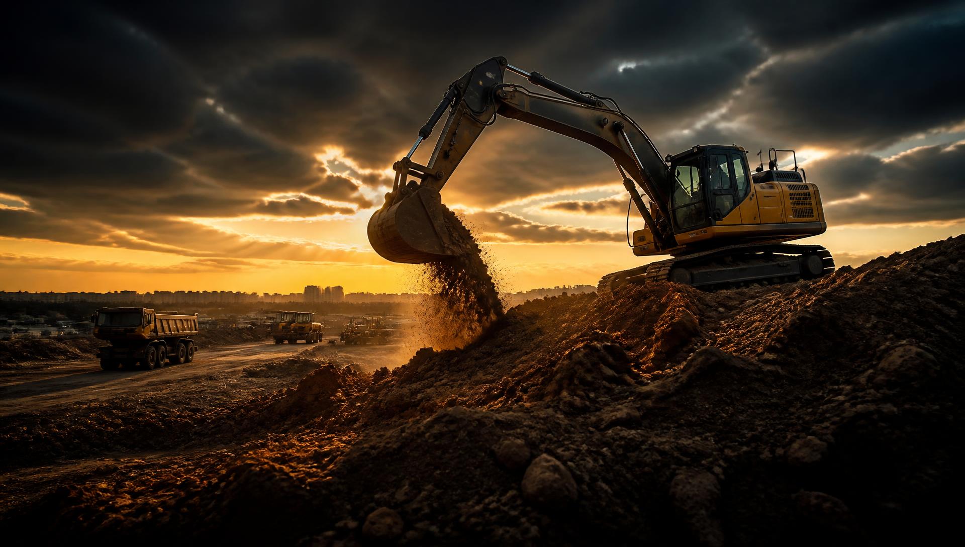 Escavadeira movimentando terra em obra de terraplenagem ao anoitecer